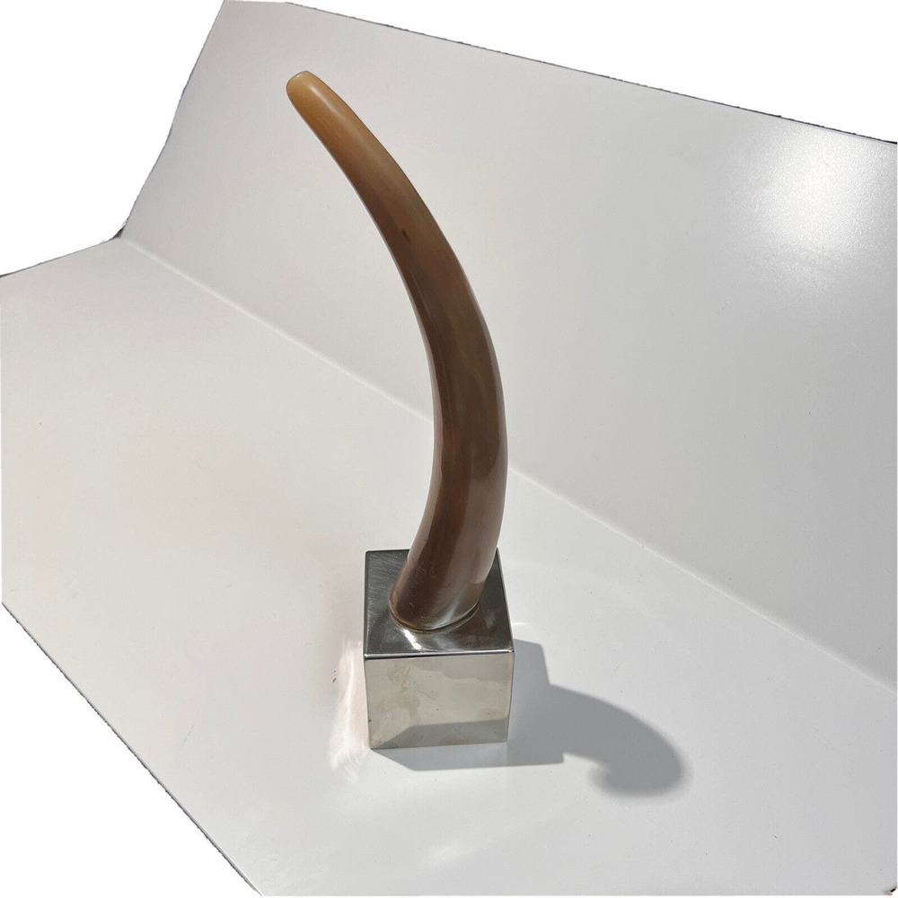 Cow Horn on Steel Pedestal Base Cube Sculpture Objet D’Art